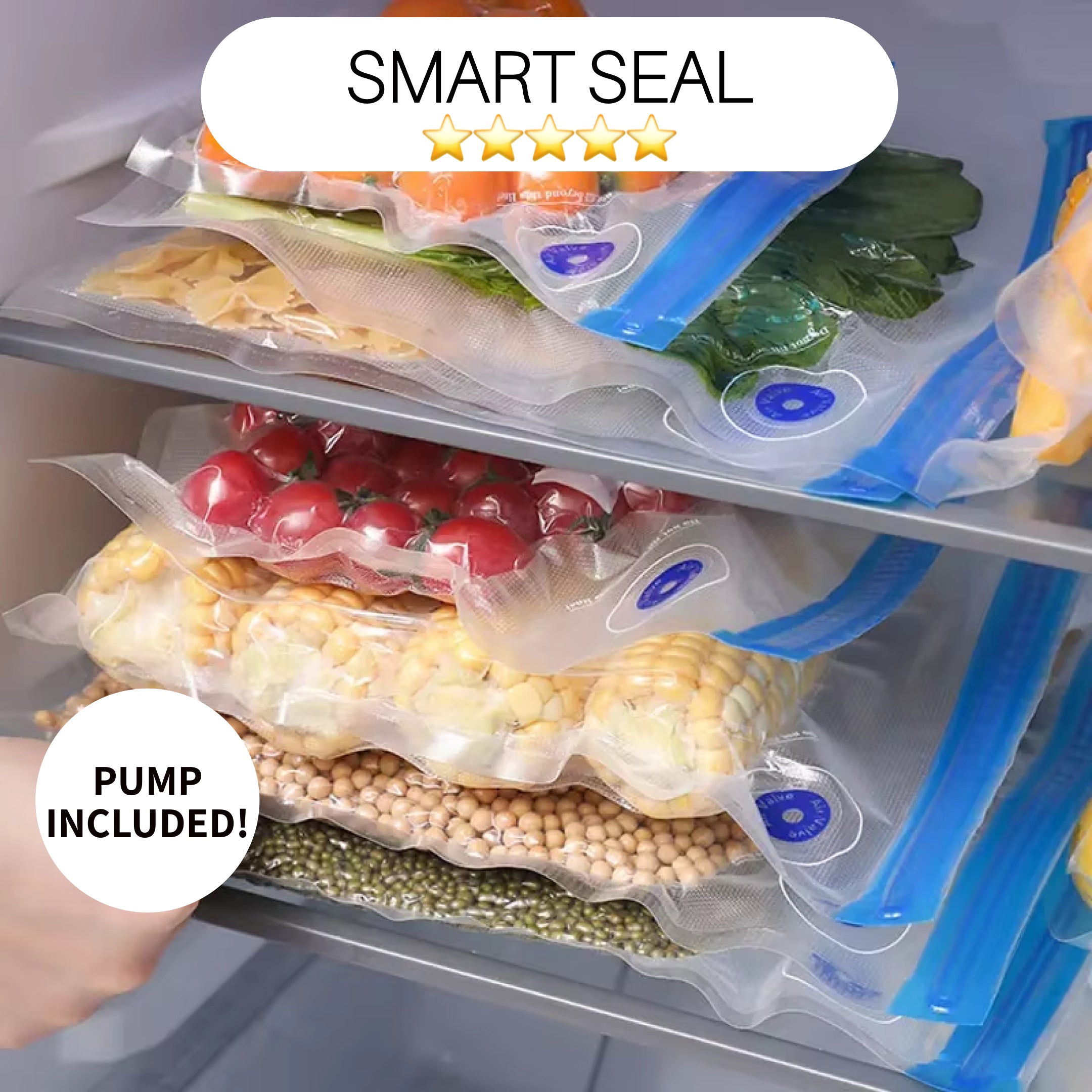 Smart Seal - 10 Reusable Vacuum Seal Food Bags With Pump