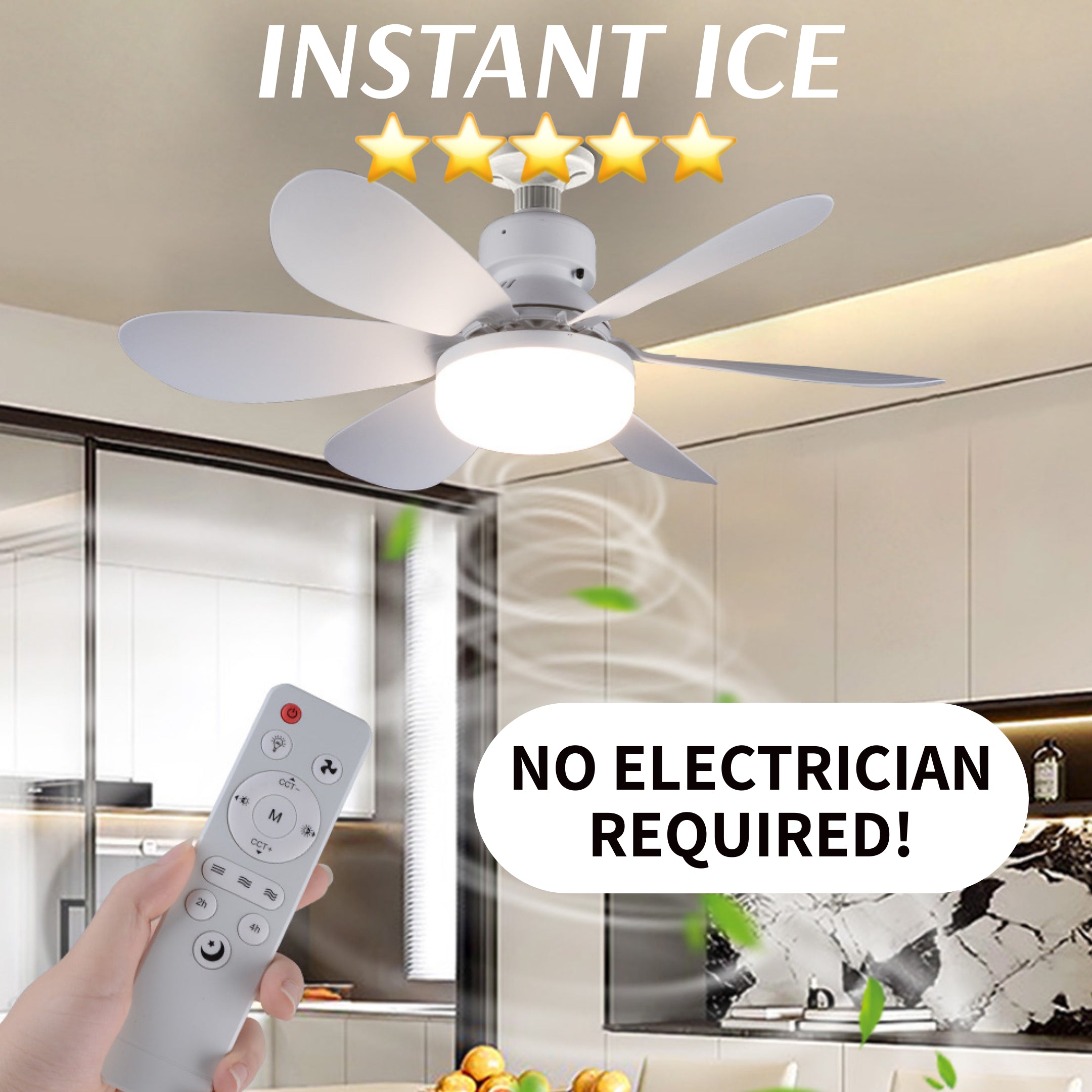 Instant Ice - Remote Ceiling Fan & Light Combo - Fits Into Existing Bulb Holder